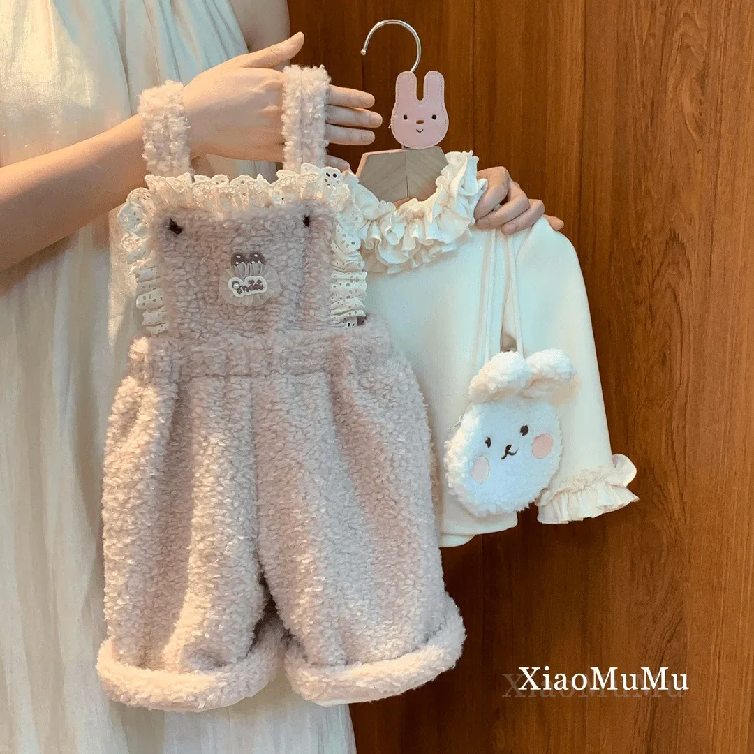 Girls' Autumn And Winter Set 2026 New Children's Velvet Bottom Shirt+Hairy Strap Pants Two Piece Set