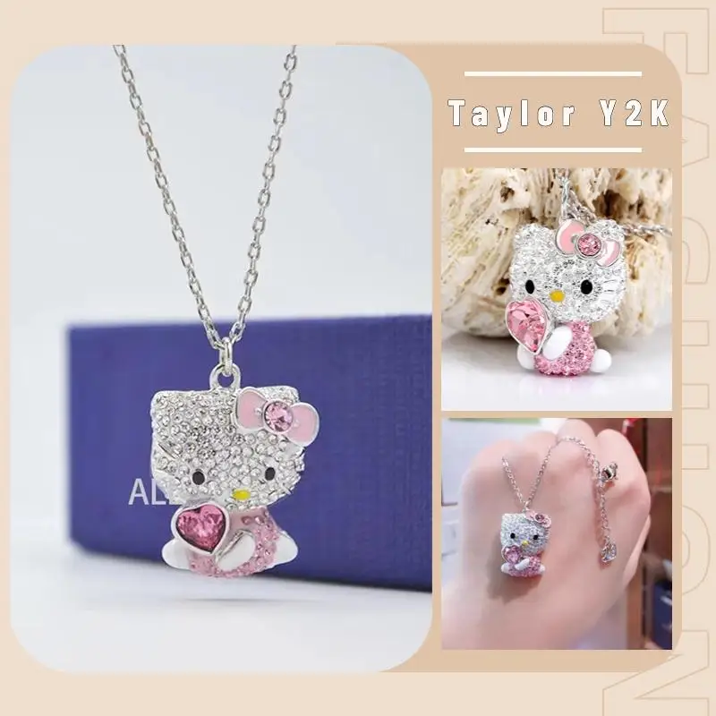 Sanrio Hello Kitty collana Anime Cartoon Y2K Sweet Girl clavicola collana moda coreana Versatile catena collare in argento con diamanti