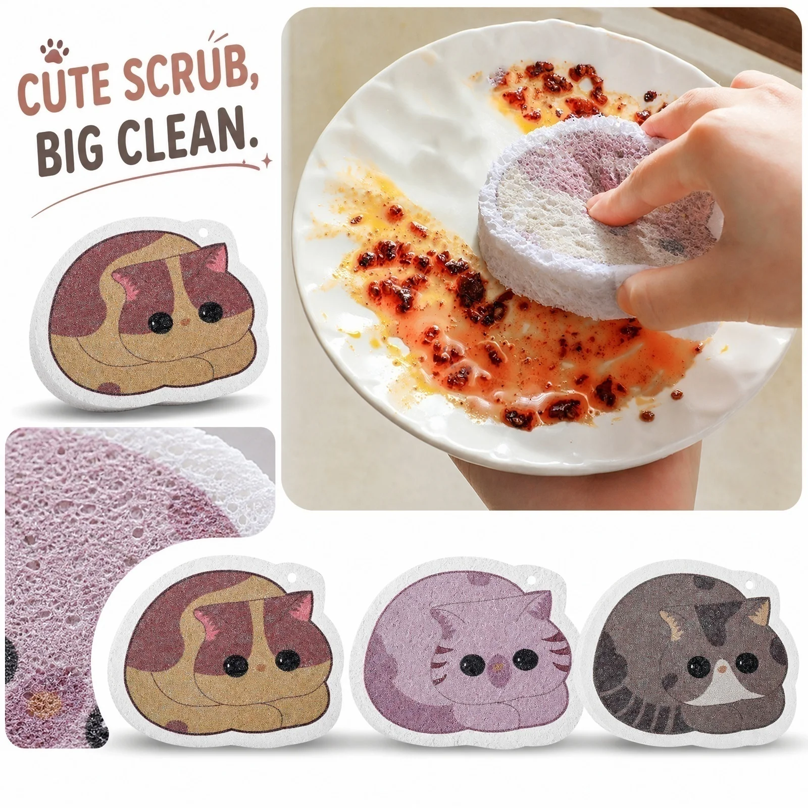 Cute Cartoon Kitchen Cleaning Sponge  Absorbent Pot Cleaning Pad Dishwashing Scouring Sponge Household Cleaning Tool