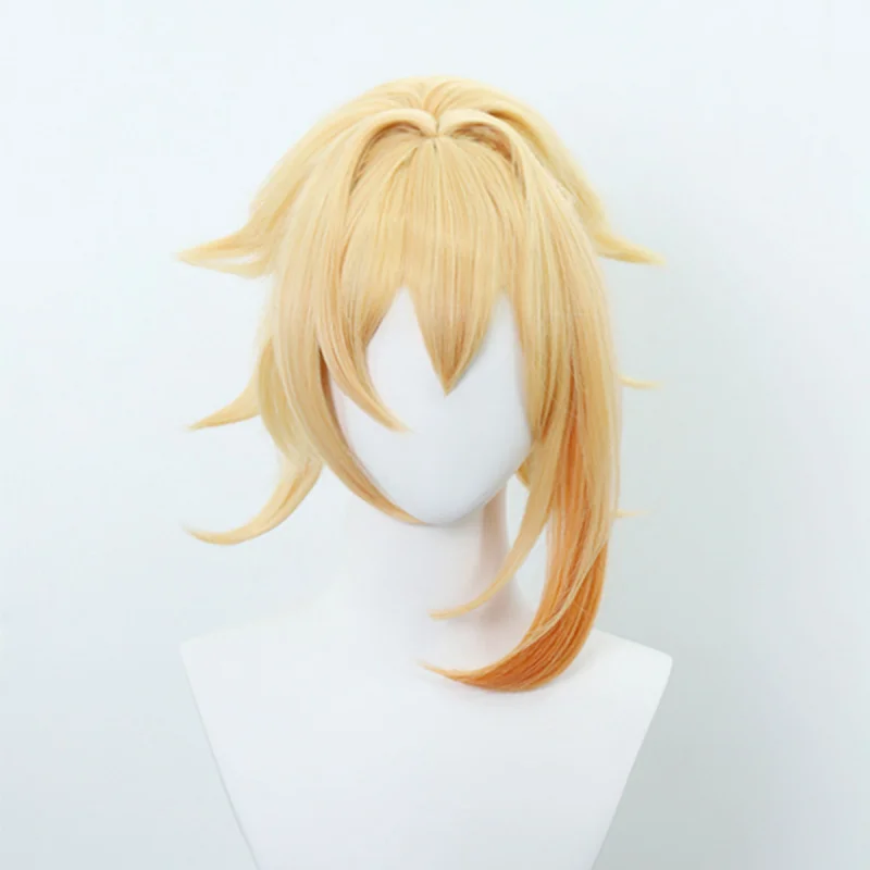 أنيمي شعر مستعار Genshin تأثير شياو قصر شعر مستعار تأثيري مزيج خاص الذهب 50 سنتيمتر كبير فروة الرأس النمر الفم كليب شعر مستعار التصميم
