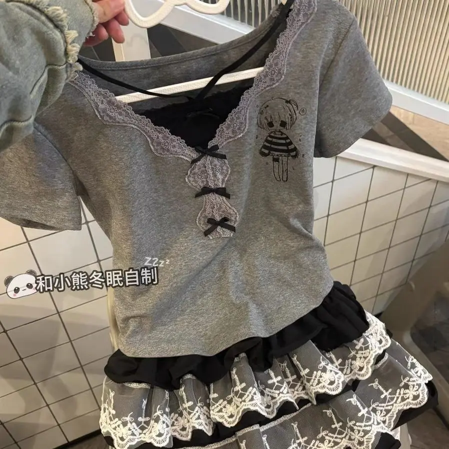 

Lace Patchwork Fake Two Pieces Short Sleeved T-shirt + Elastic Waist Divided Skirt Mommy and Daughter Matching Clothes Y2k Suits