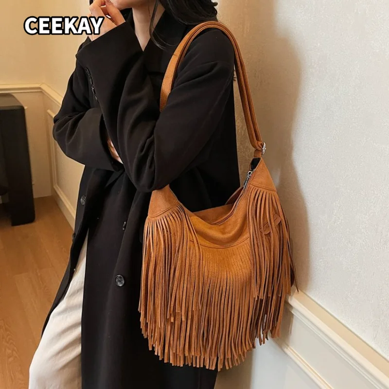 CEEKAY Women's Hobo Bag Camel Suede Texture Large Shoulder Handbag Long Fringe Detail Zipper Daily Commute Casual Bohemian
