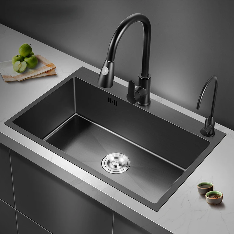 

Square SUS304 Kitchen Sink Top mounted Single Bowl Dark Gray Wash Basin For Home Fixture With Faucet Drain Accessories