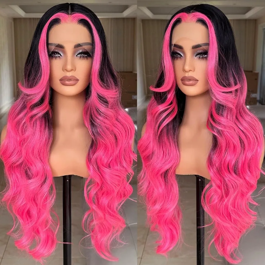 28 بوصة أومبير الوردي مع جذور سوداء والفلورسنت يسلط الضوء على الدانتيل الجبهة شعر مستعار اصطناعي قبل قطعها الجسم موجة غلويليس الأوسط Pa