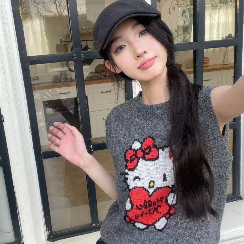 

Kawaii женский вязаный жилет, свитер Y2K Hello Kitty, аниме Kt, мультфильм, весна-осень, студенческие топы с вышивкой для девочек, мягкие топы в консервативном стиле