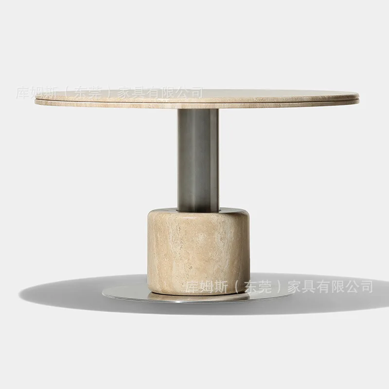 Marble dining table household light luxury stainless steel plus travertine element round dining table