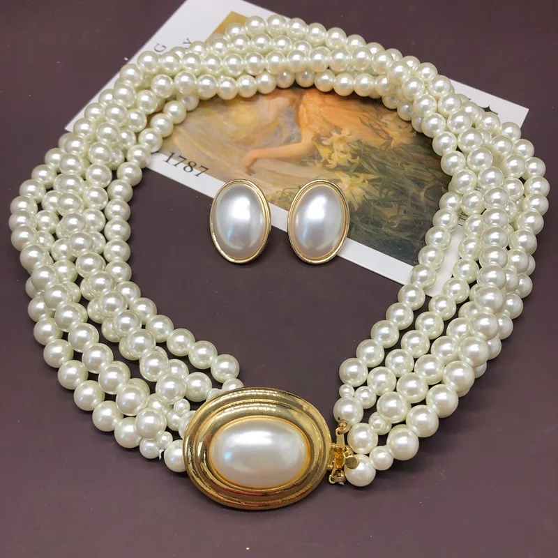 

European and American multi-layer glass pearl necklace bracelet set