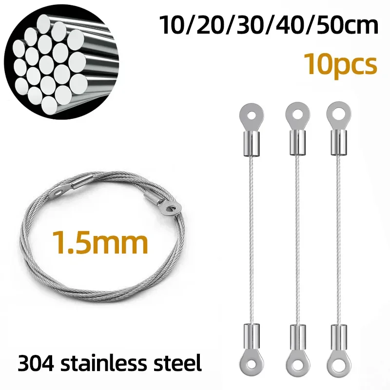 10pcs 1.5mm Stainless Steel Safety Cable with Loops, Heavy Duty Wire Rope Lanyard for Fall Prevention & Equipment Tethering