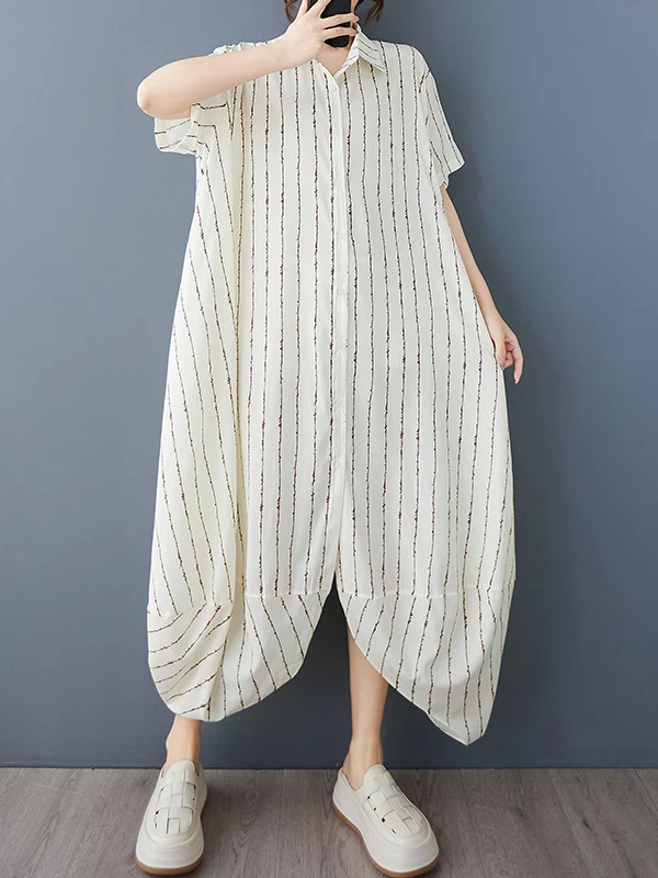 

Faionable Striped Print Loose Fit Summer Dr Korean Sle Commute Wind Artistic Design Casual irt Sve Mid-Length Dr