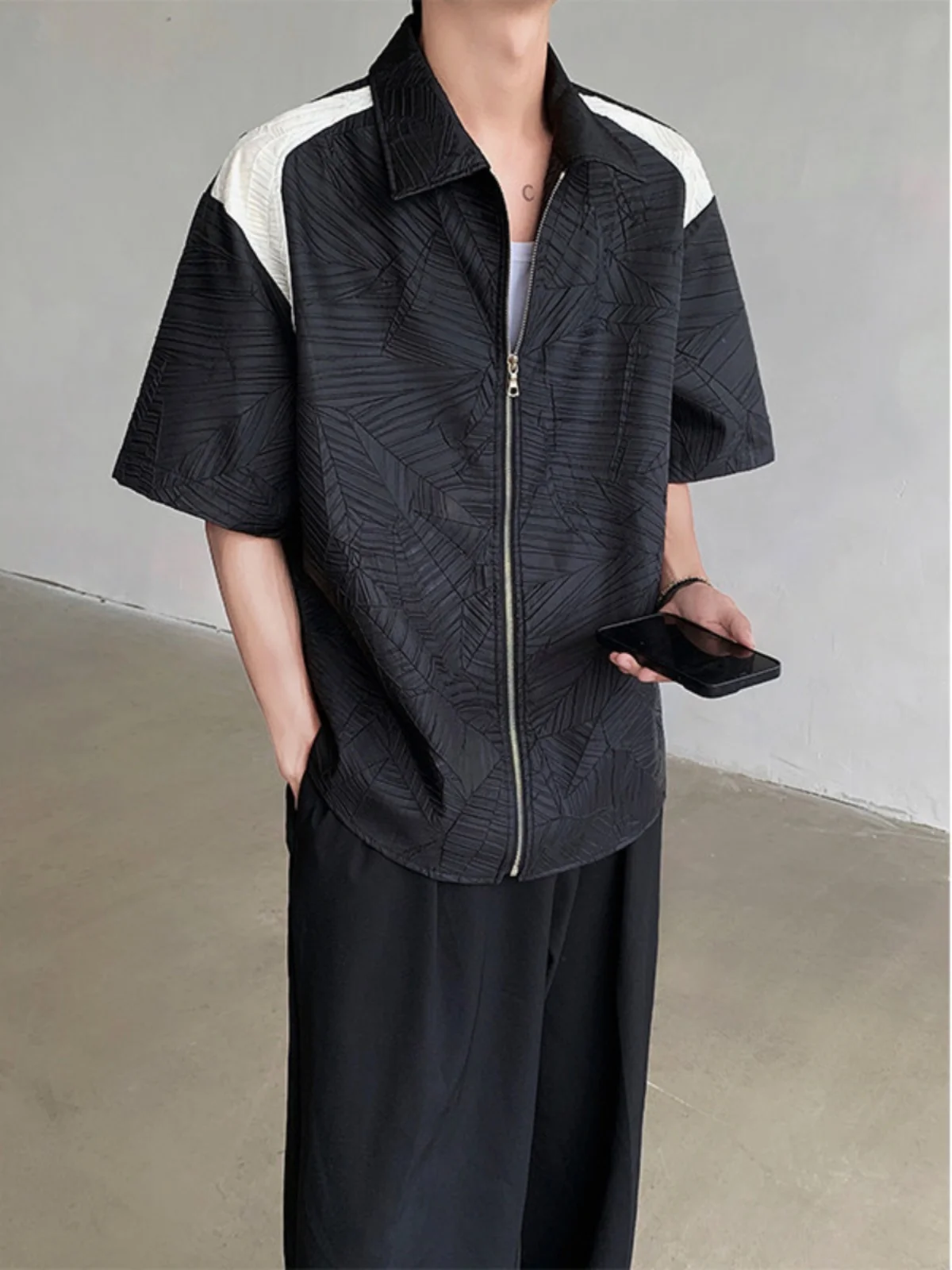 

Мужская летняя куртка Bla White Splice Pleated Zipper Cleanfit из охлаждающего ледяного шелка, свободного кроя, из полиэфирного волокна