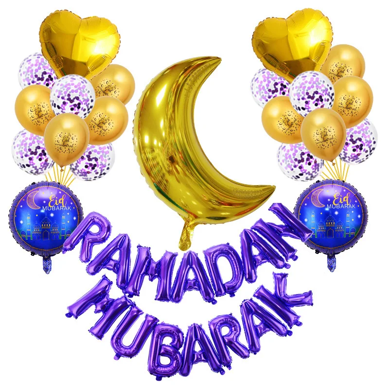 Eid Mubarak Party Decoration Ramadan Mubarak Balloon Set Star Moon Letter Foil Balloons Confetti Balloon for Muslim Party