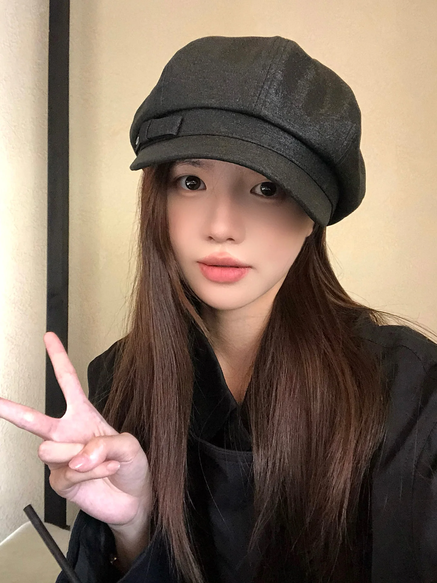 Black Octagonal Beret Hat Women's Style Fashionable Versatile Retro Cap Autumn Season Small Face Effect Newsboy Hat