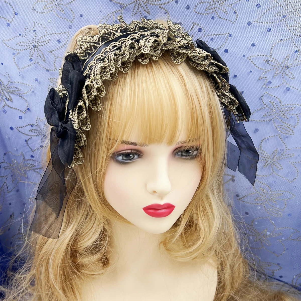 2024 Lolita Headband Sweet Star Embroidery Lace Ribbon Bow Hairband with Hairpins Anime Maid Cosplay Headdress