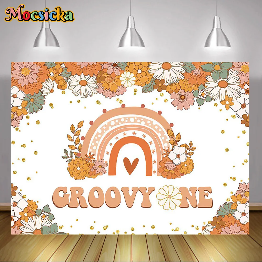 Groovy One วันเกิด Boho Rainbow Groovy ที่กำหนดเองพื้นหลังสุขสันต์วันเกิด70 Daisy Hippie Peace Love Party Supplies