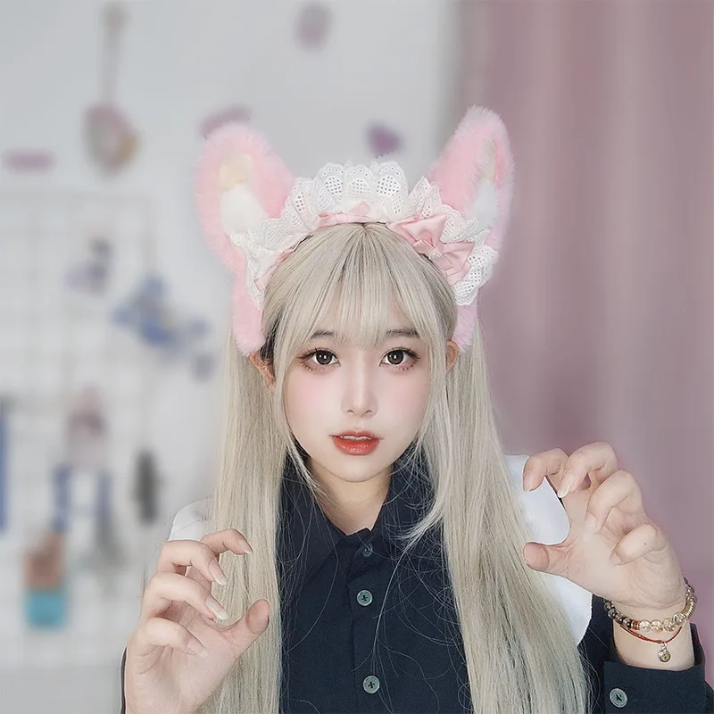 Corgi pelúcia orelhas fofas lolita headwear kawaii babados argola de cabelo japonês kc jk empregada cosplay acessório doce menina animal cocar