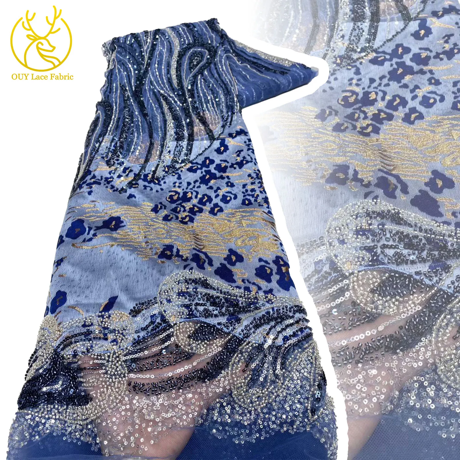 

High-end Nigerian Groom Sequin Beaded Lace Fabric 2025 Luxury African French Tulle Lace Fabric Women's Evening Dress Party