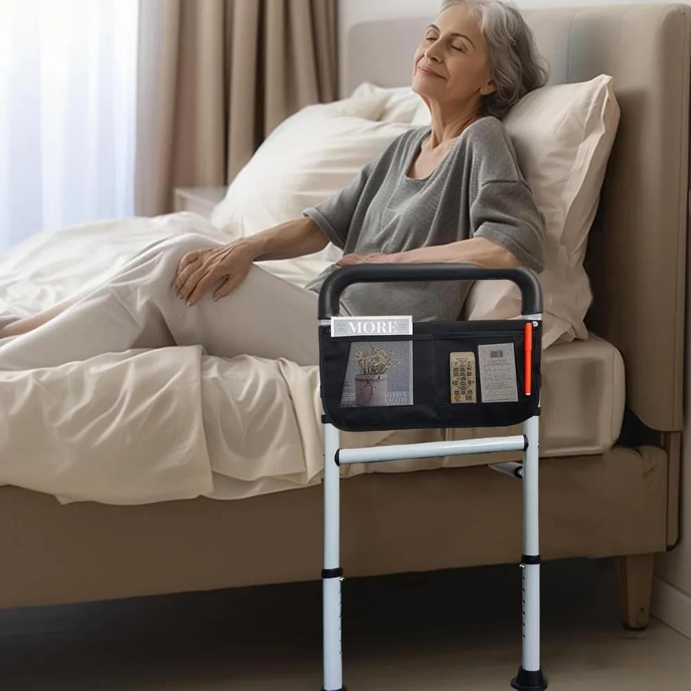 Adjustable Bed Rails for Elderly Safety with Storage Pocket, Slides Under Mattress, Grey