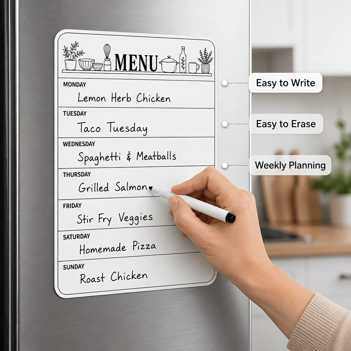 1PCS Whiteboard Menu Planner Sticker | Dry Erase Weekly Meal Board Kitchen Grocery Notes, Creative Home Decoration Supplies Gift