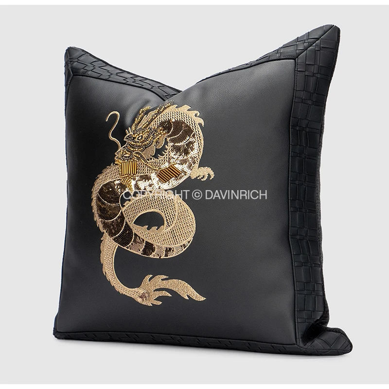 DAVINRICH Luxe Charm Dragon Embroidered Pillow Cover Gold Sequins Black PU Leather Handmade Cushion Case Luxuriously Home Decor