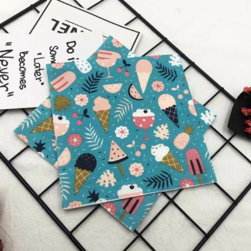 20pcs 2Ply Colorful Printed Napkin Ice Cream Flower Paper Restaurant Cafe Disposable Folded Paper Party Decoration Napkins