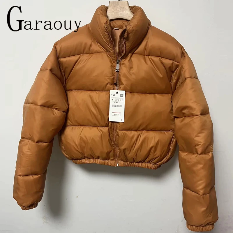 Garaouy Women Oversize Stand Neck Zip Short Parka Jacket 2023 Autumn Winter Long Sleeve Female Warm Cotton Coat Street Outwear