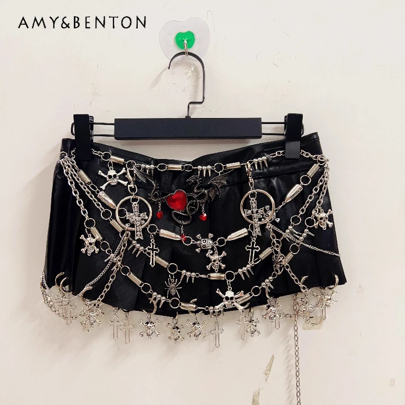 

Halloween Gothic Dark Punk Heavy Industry Women's Short Skirt Original Design New Alloy Chain Sexy Hot Girl Black Skirts Ladies