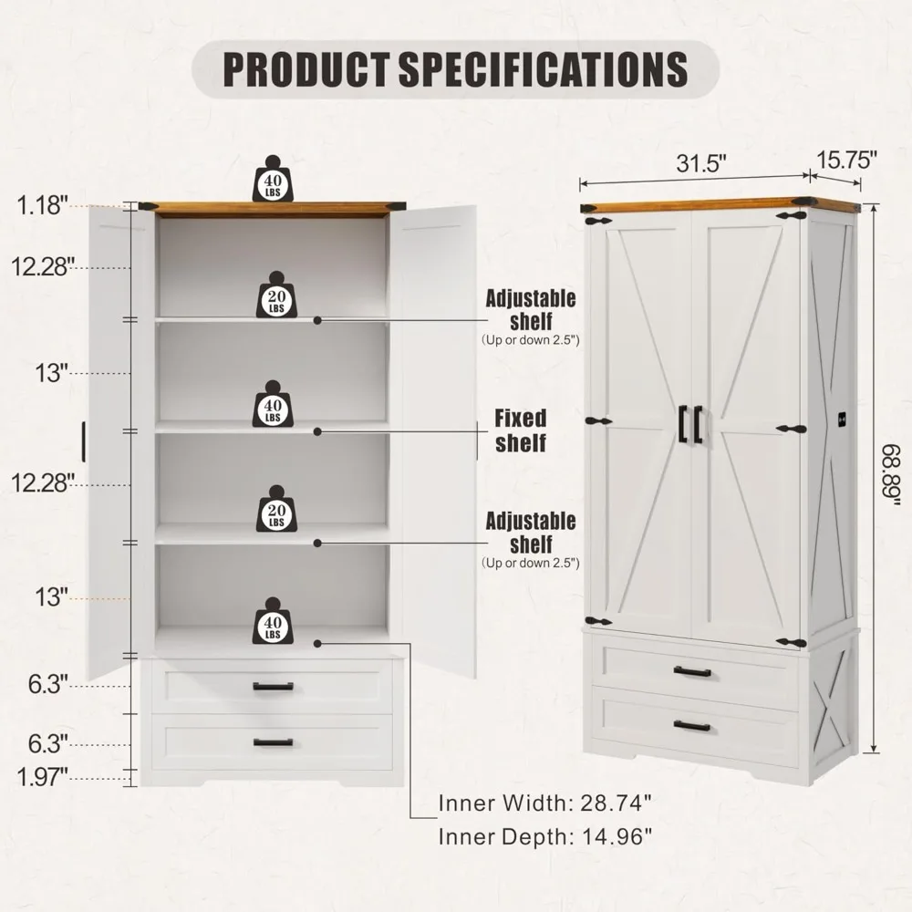 Storage Cabinet with Adjustable Shelves, 69" Tall Pantry Cabinets, Wood Storage with LED Light for Dining Room, Bathroom, White