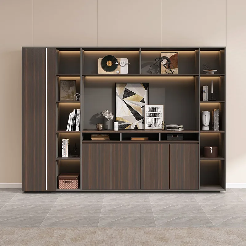 Office filing cabinets, information , wooden , floor-to-ceiling storage , panel type against the wall