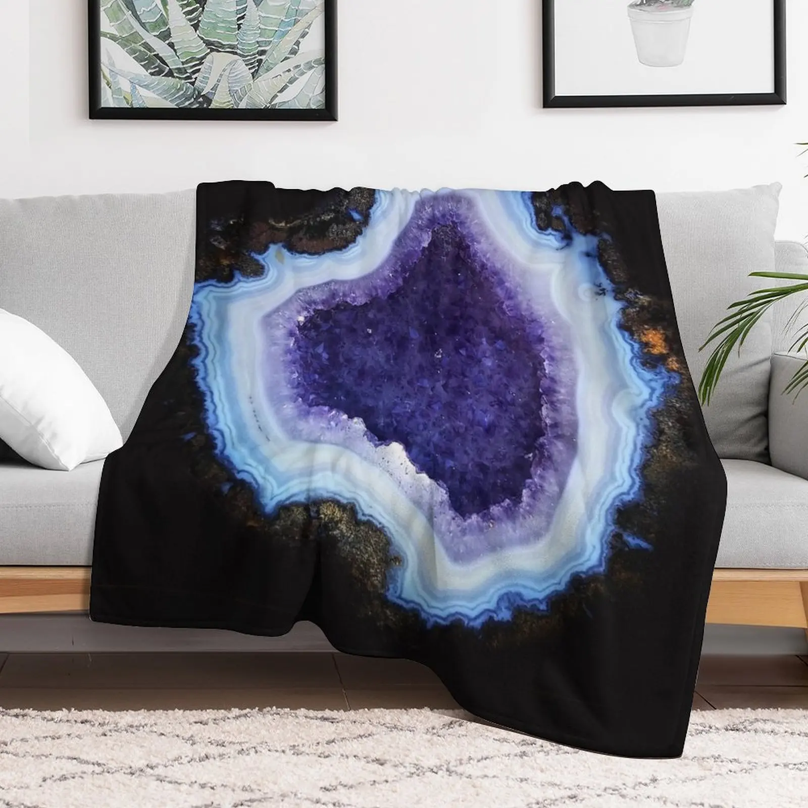 Geode Agathe Amethyst purple and light blue magic mineral rock slice in half with pastel purple and violet crystal Throw Blanket