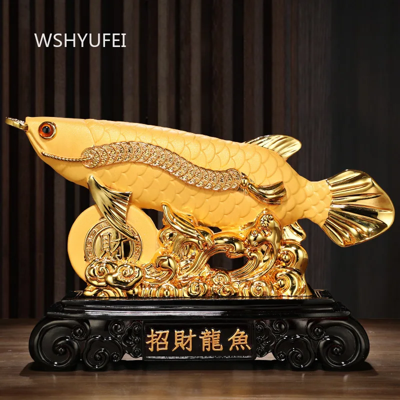 Golden Arowana Resin Statue Feng Shui Lucky Wealth Ornament Chinese Traditional Craft Home Office Tabletop Decoration