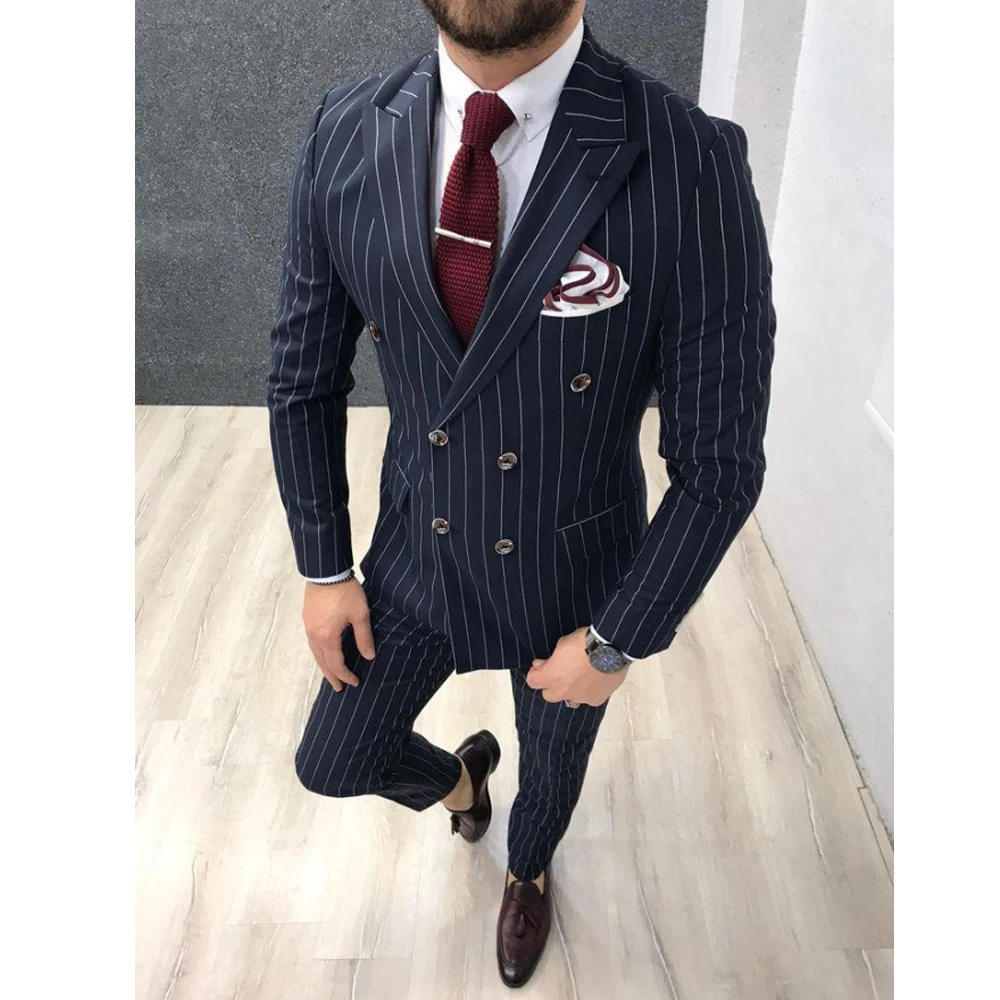 

Formal Navy Blue Men's Suits Blazer Pinstripe Regular Lenth Double Breasted Peak Lapel 2 Pcs Jacket Pants Business Costume Homme