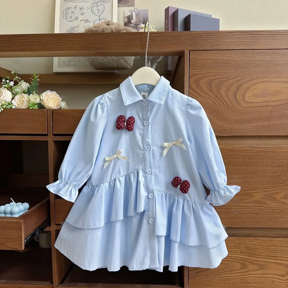 

The New 2025 Girls' Korean Shirt Skirt Popular in Spring and Autumn The Little Girl Bow Long-sleeved Dress Trendy