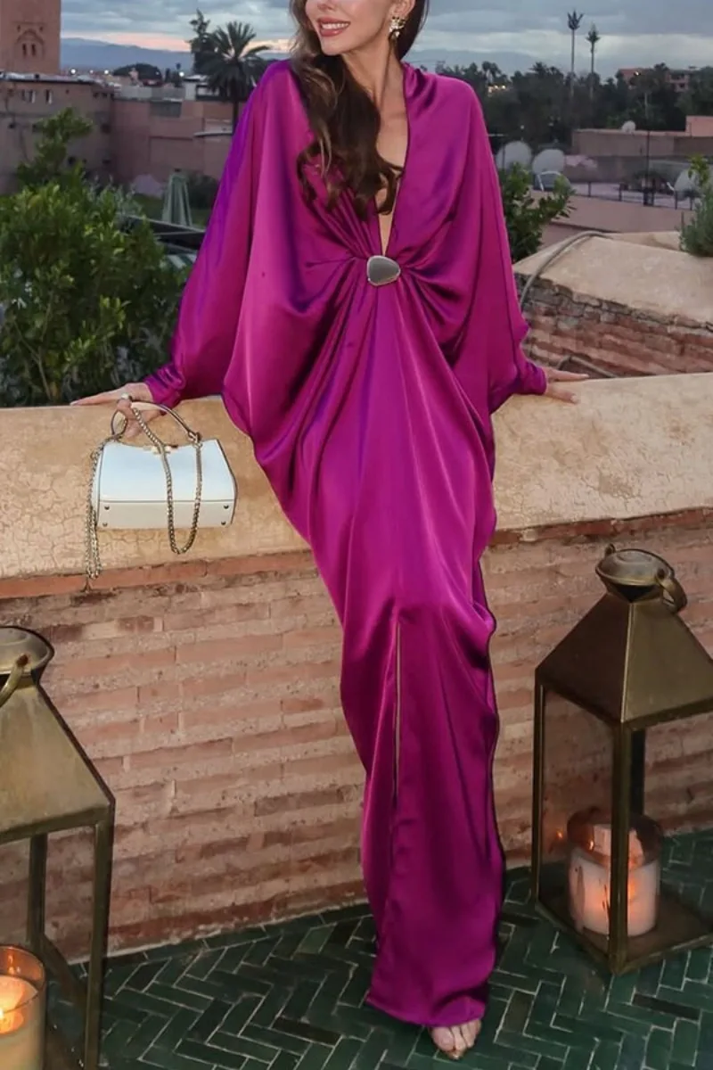 Elegantes Satin-Gastkleid für Damen mit Tiefem V-Ausschnitt, Fledermausärmeln, Gerafftem Design, Loser Passform, Party-Kaftan, Abendkleid, Maxikleid – Detail 7