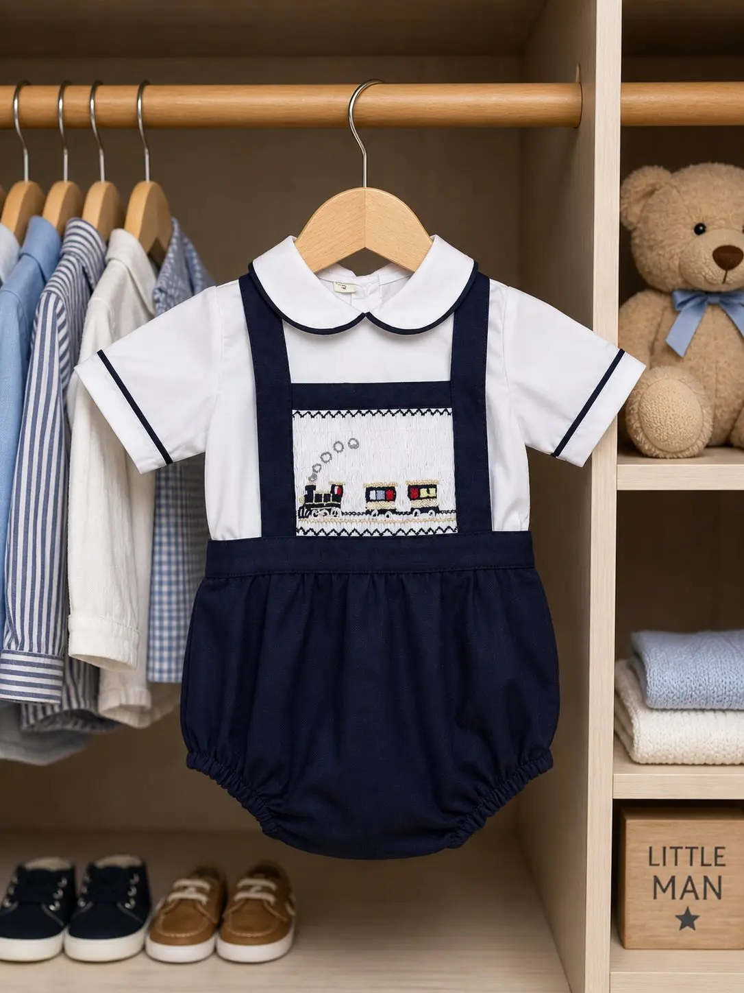 Summer Baby Boy Suit Train Embroidery Navy Blue White Smocked Outfit Set For Casual Party Birthday Wedding Photography A483