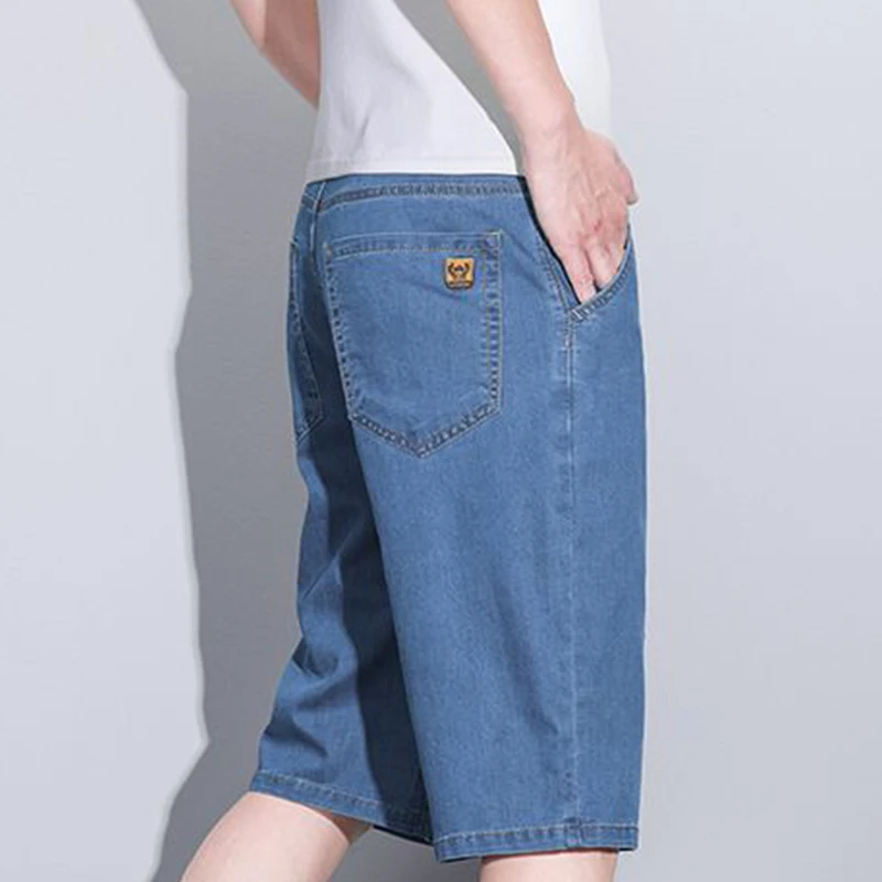 New Summer Men's Denim Shorts Fashion Solid Color Casual Loose Multi-pocket Straight Five-minute Pants Elastic Knee Denim jorts