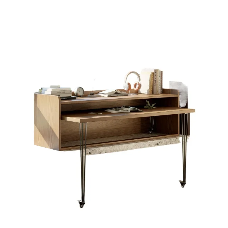 Simple solid wood bay window desk bookcase integrated, high and low foot workbench, retractable computer desk