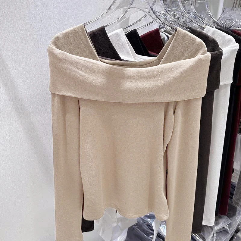 Autumn Winter Fleece Square Neck T-shirt&Blouses Casual Elegant Solid Office Lady Long Sleeve Top Chic Women Clothing Sexy Sweet