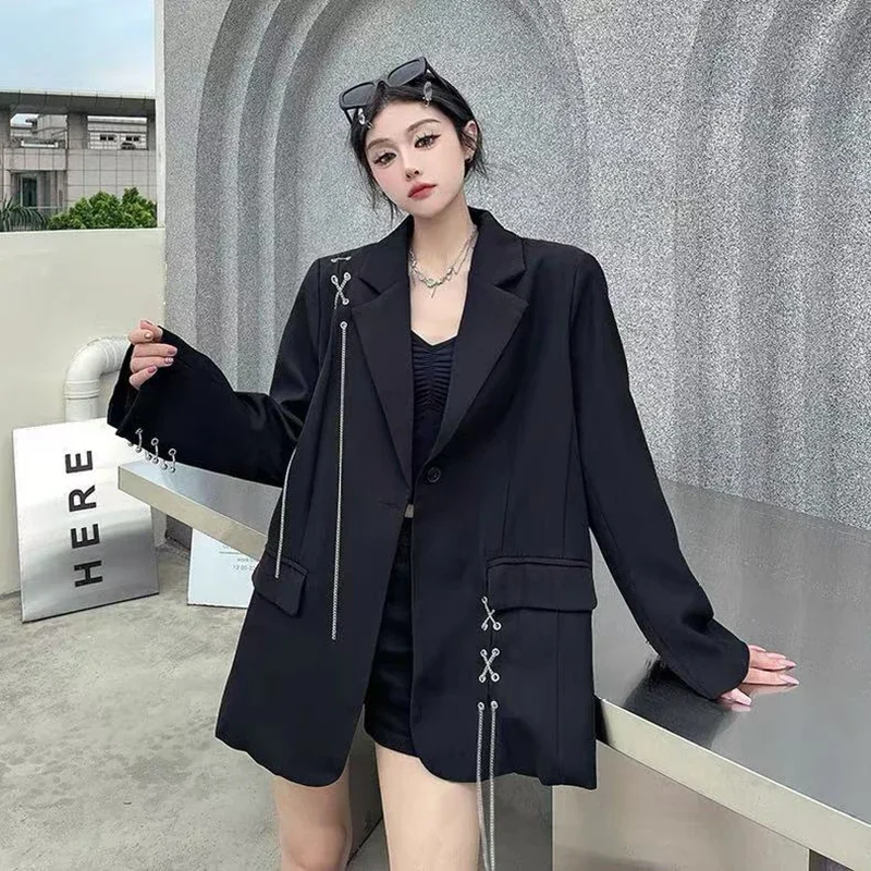 Black Women Y2k Autumn Fashion Streetwear Chain Decoration Suit Jackets Korean Oversized Casual A Button Coats