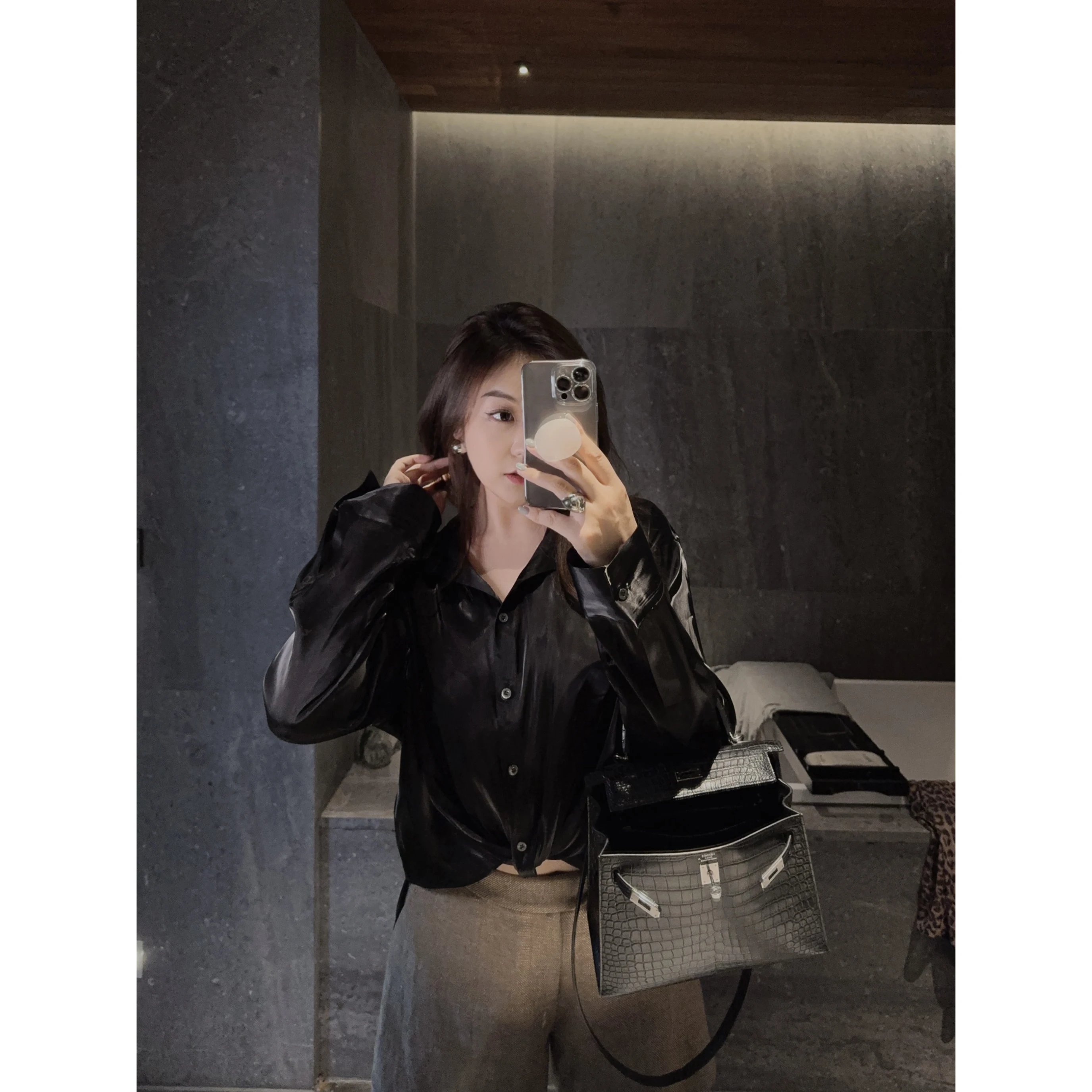 

OSENSO Island Silk Design Lightweight Loose Pure Color irt Faionable Front ort Ba Long CS240475 Casual Sle Long Sve