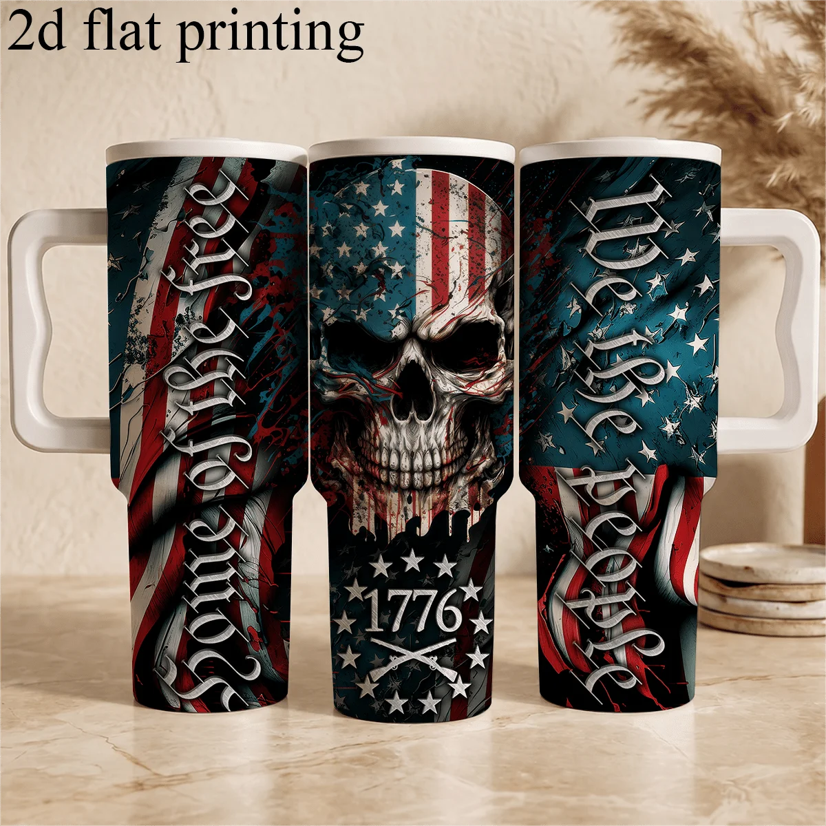 1pc 40Oz Double Wall Stainless Steel Insulated Tumbler, 2D Flat Printing with Skull, American Flag, And 1776 Guns Pattern, Keeps Drinks Cold & Hot. Perfect Gift for Office, Kitchen, Camping, Cycling, Beach & Pool