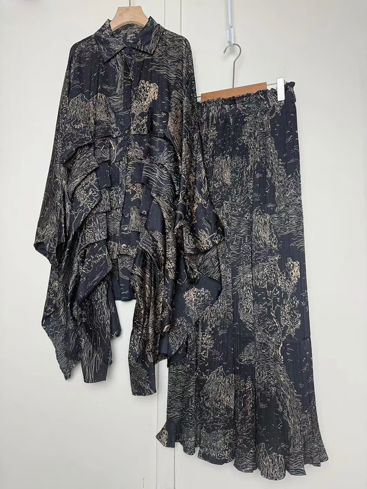 2022 lente dames retro geometrische print multi-level draping los onregelmatig shirt tweedelige set + wijde pijpen broek modeset