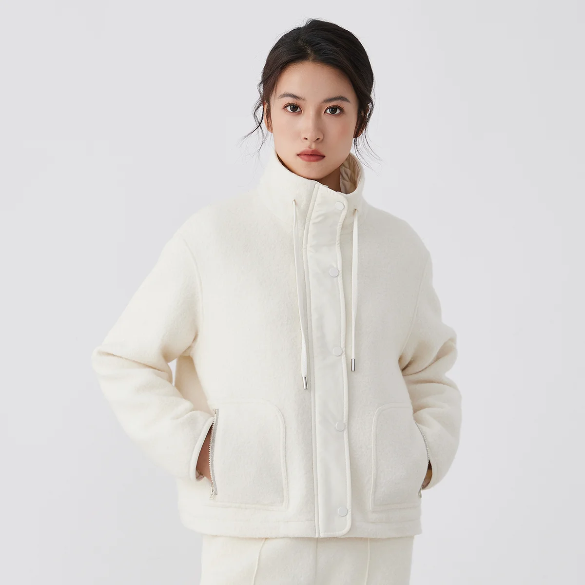 K2695L ropa de lujo de alta calidad para mujer 100% relleno de lana merino 90% plumón de ganso blanco chaqueta de cuello alto