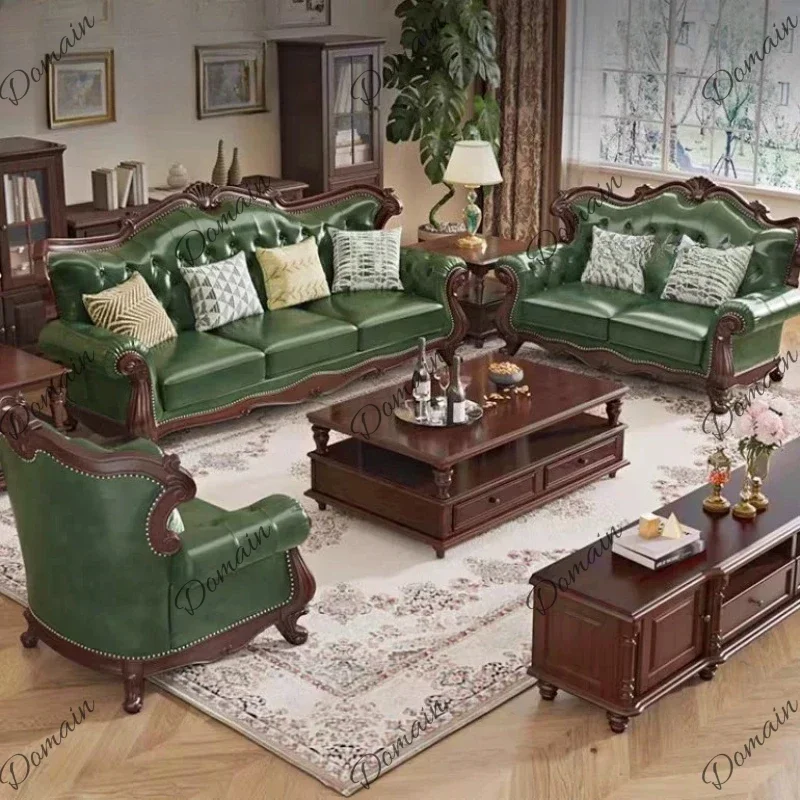 vx Green Wooden European Sofa Corner Brown Comfortable Large European Sofa Vintage Side Tables Fotele Do Salonu Home Furniture
