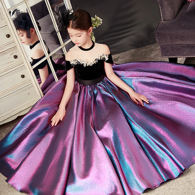 Toddler Girls Very Elegant Gown Flower Girls Bridesmaid Dress for Wedding Teen Girl Lace Cold Shoulder Long Party Dresses Formal