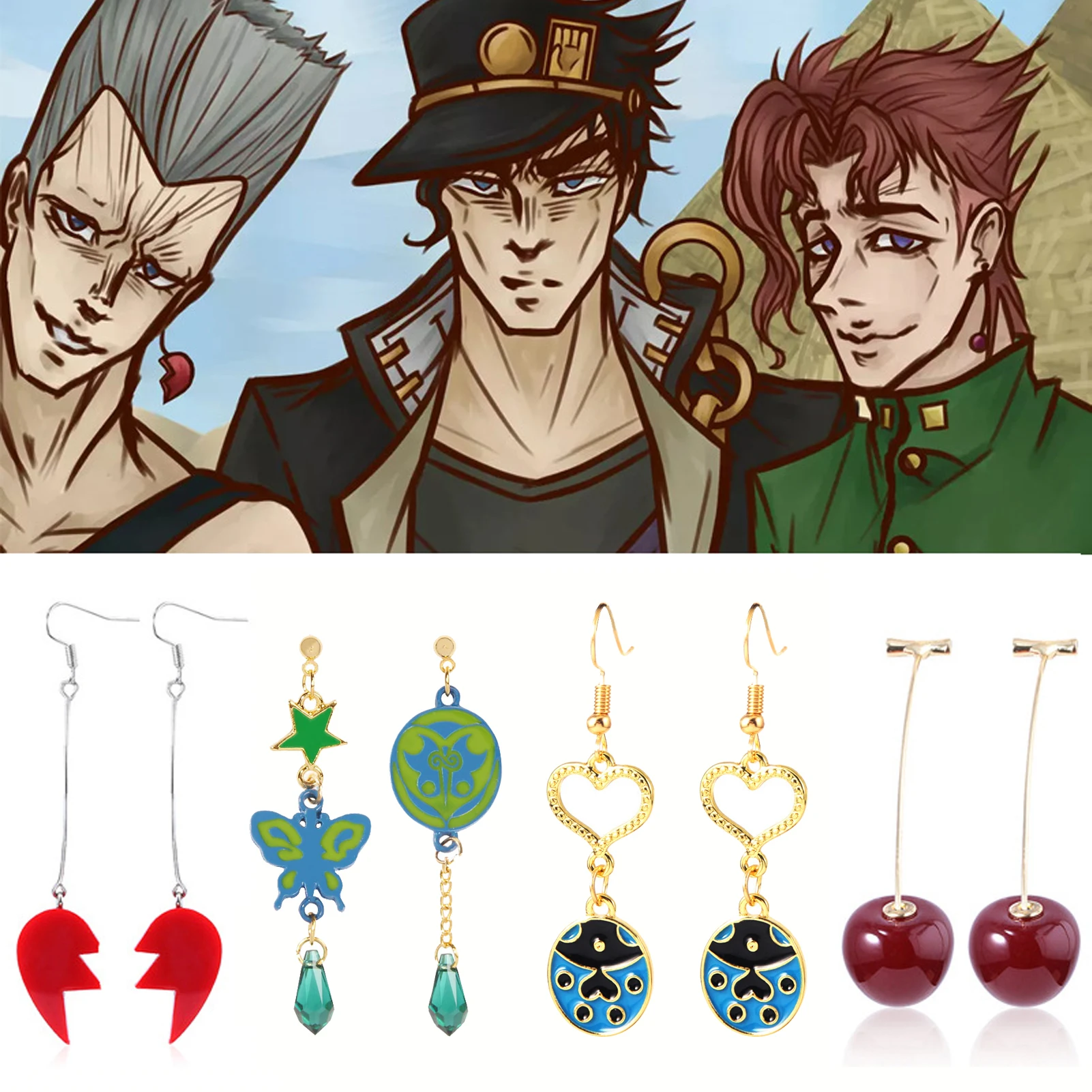 Hot Anime JoJo Bizarre Adventure Drop Earrings Cosplay Props JOJO Kakyoin Noriaki Cherry Earrings Ear Clip Man Girl Jewelry Vale