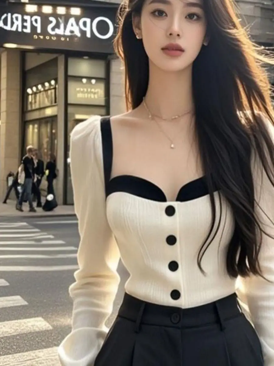 Pure Desire Style Long Sleeve Knitted Shirt Women's Slim Fit Base Layer Square Collar Color Block Knitwear Autumn Fashion