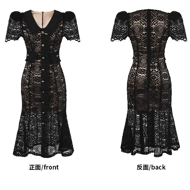 ชุดลูกไม้สีดําผู้หญิง V คอ Hollow Out Elegant ฤดูร้อน Elegant Vestidos Bodycon Streetwear Chic ผ้า Lady