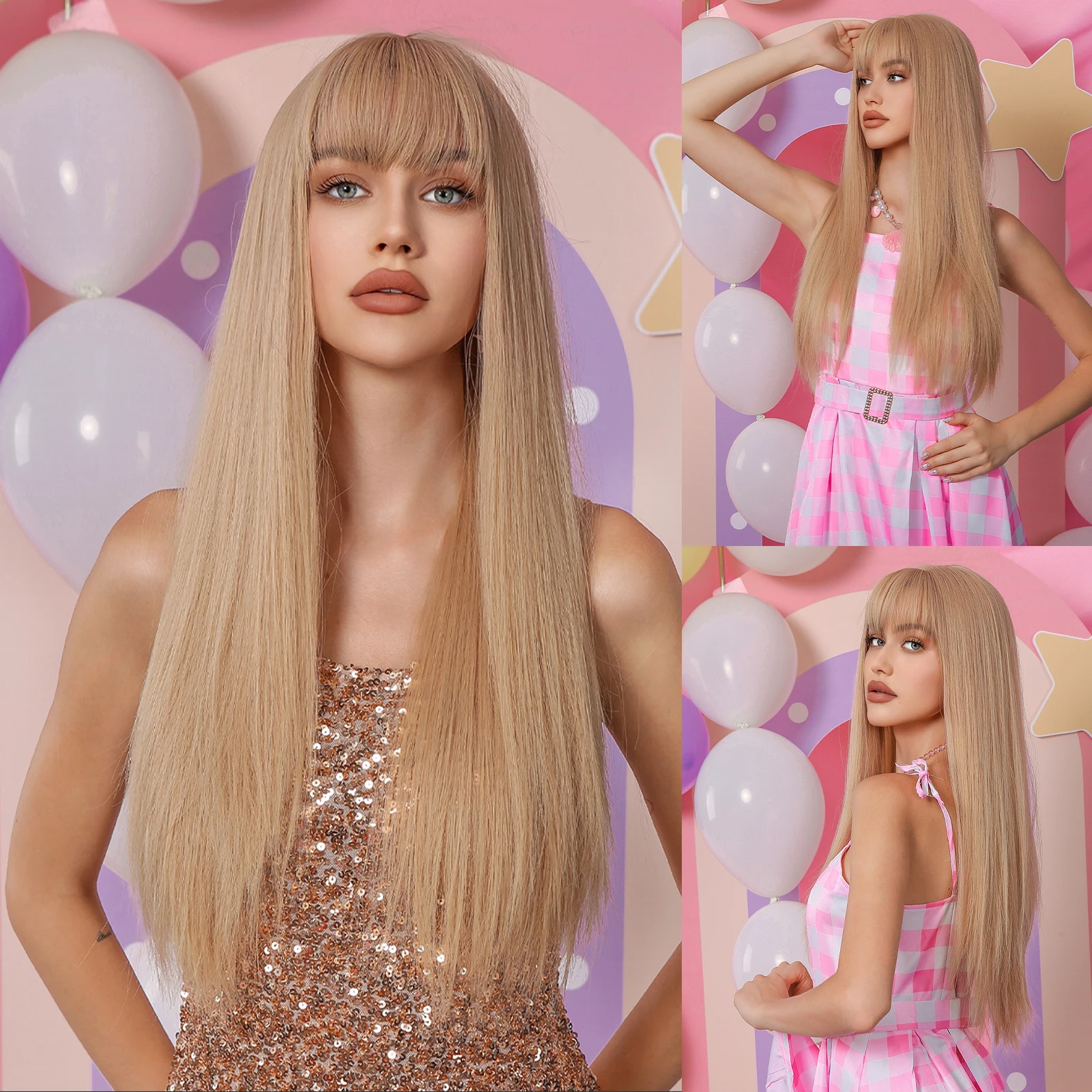 

HENRY MARGU Long Blonde Straight Synthetic Wig With Bangs Hair Wigs for Women Heat Resistant Fiber Cosplay Natural Wigs