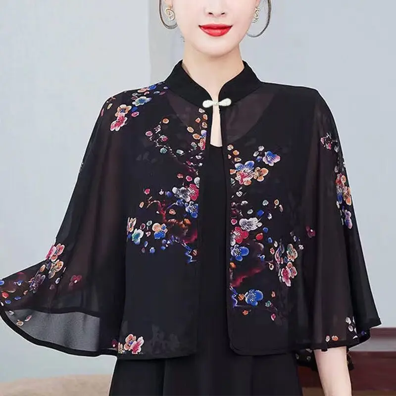 Minimalist Casual Chinese Style 2024 Summer Women's New Patchwork Button Printing Fashion Elegant Sleeveless Capes Ponchos