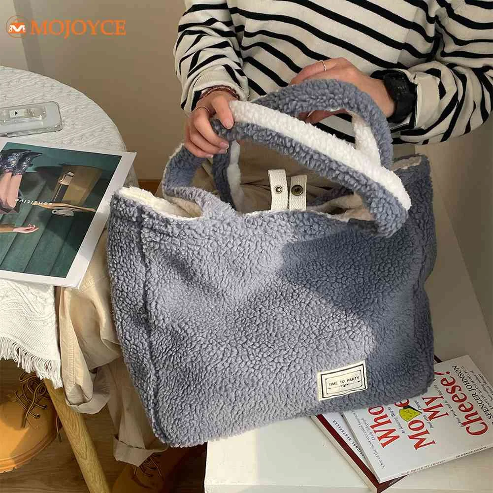 Casual Wool Shoulder Bag Solid Color Ladies Cute Polar Fleece Handbag Two Side Available Design Girls Shoulder Shopping Tote Bag